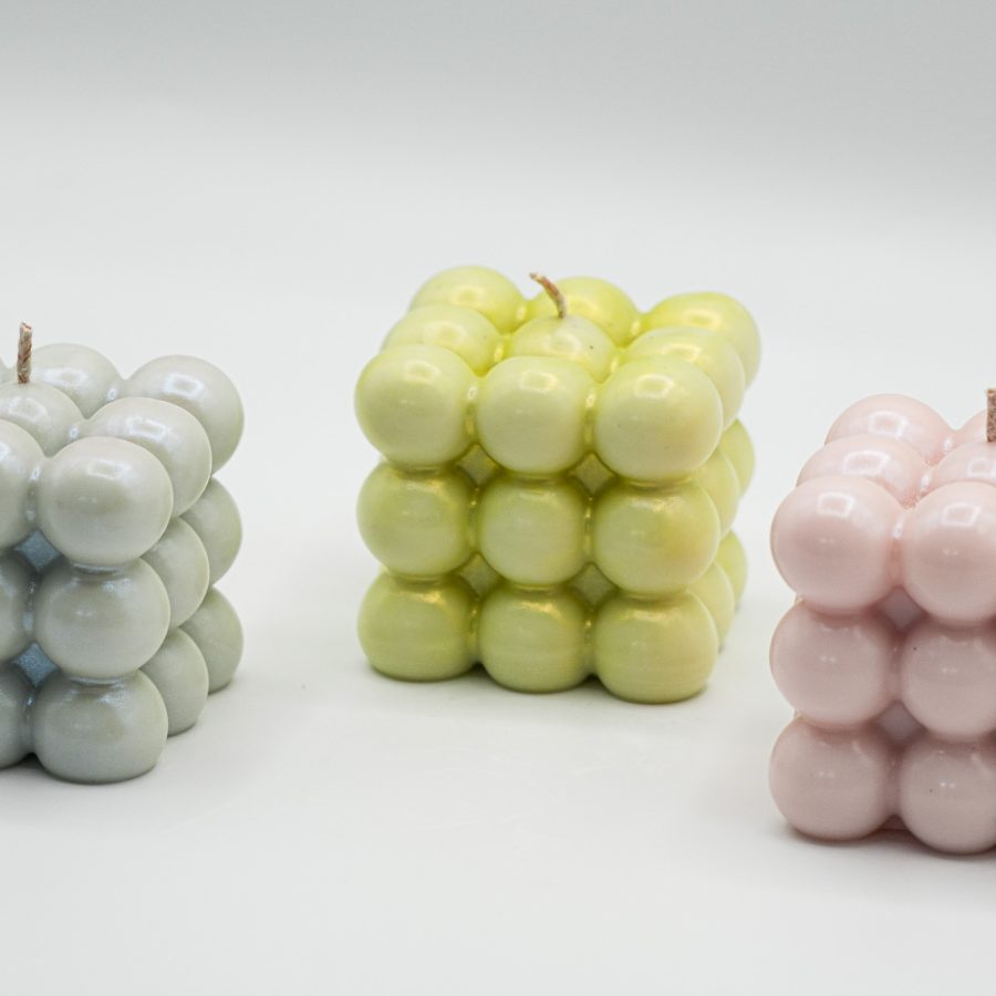 Aesthetic bubble cube soy candle in pastel colors, minimalist and trendy room décor.
