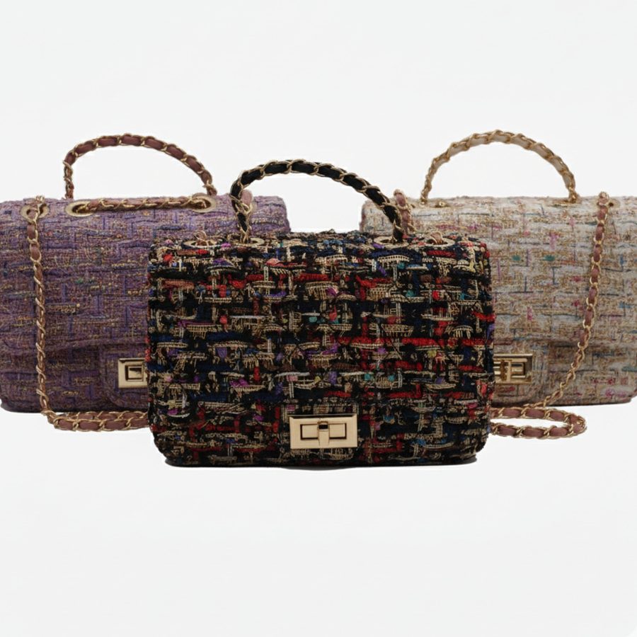 Multicolor tweed handbag with gold chain strap
