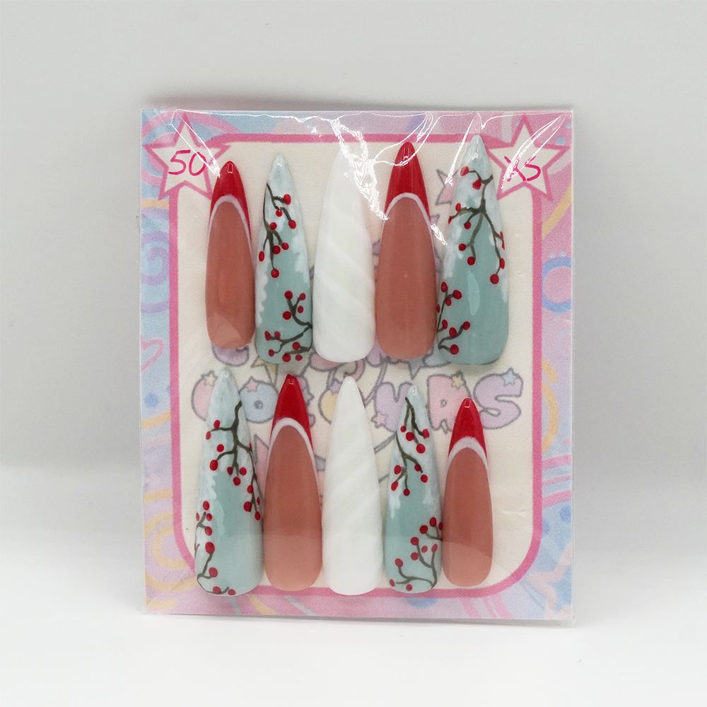 Handcrafted Cranberry Icicles press-on nails in an XS stiletto shape featuring rich cranberry tones.